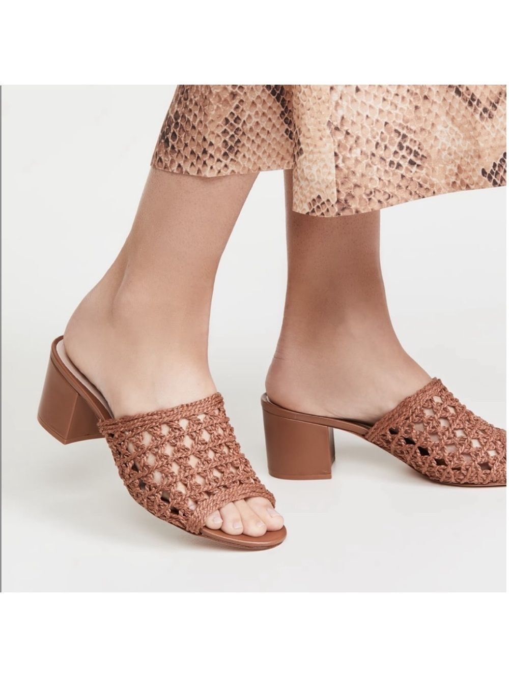 NEW Schutz Brown Crochet Penya Mules Block Heel Open Toe Size 9.5